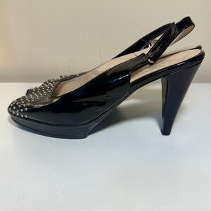 Aquatalia Black Patent Leather Peep-Toe Sling Back Heels with Silver Studs